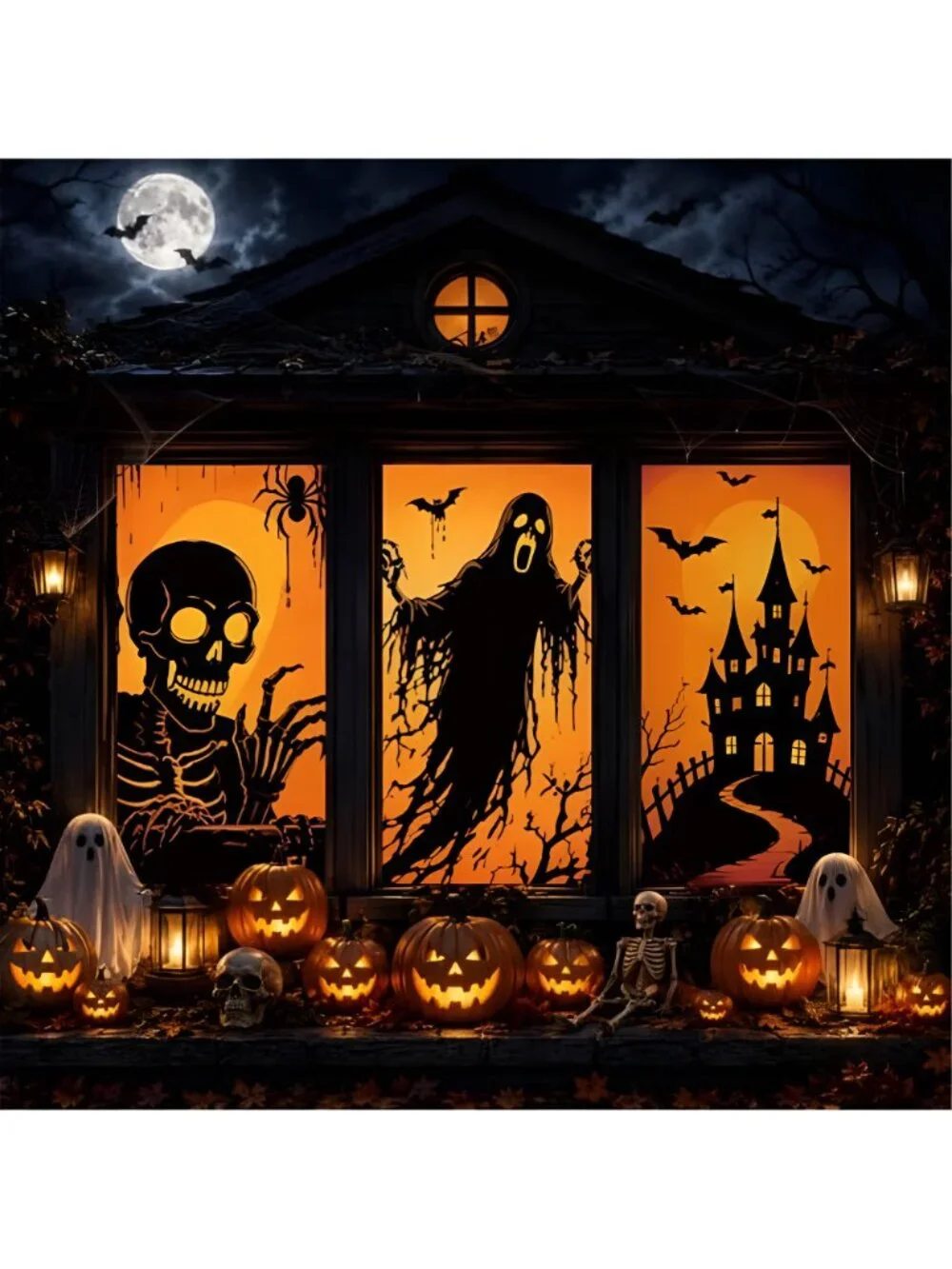 3 Pcs Halloween Ghost Silhouette Window Decor Large Ghost Skeleton Castle